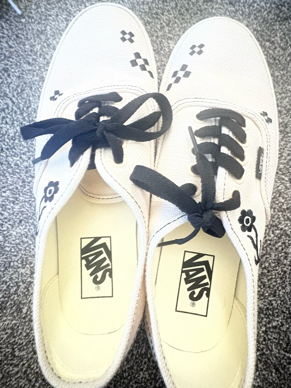Vans Women's White Canvas Sneakers with Black Floral and Checker Accents